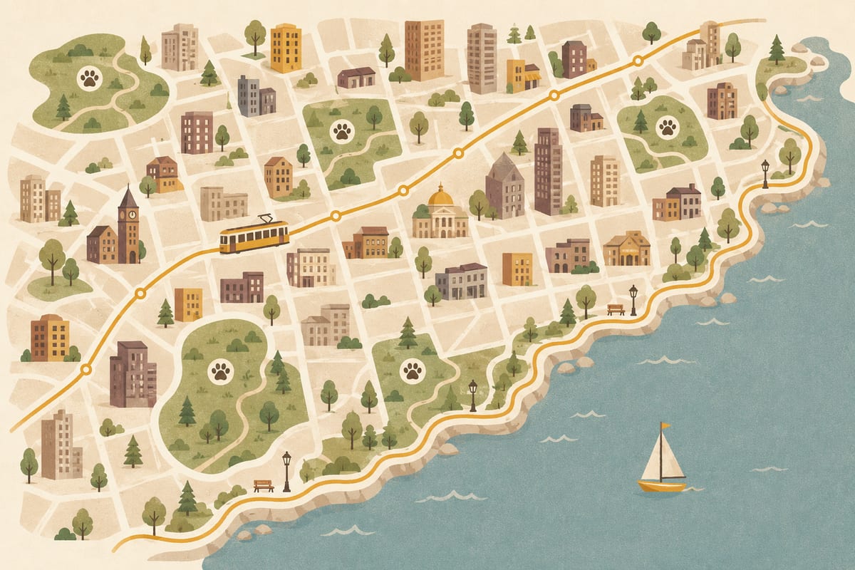 Map of dog-friendly parks and routes around Liberty Village